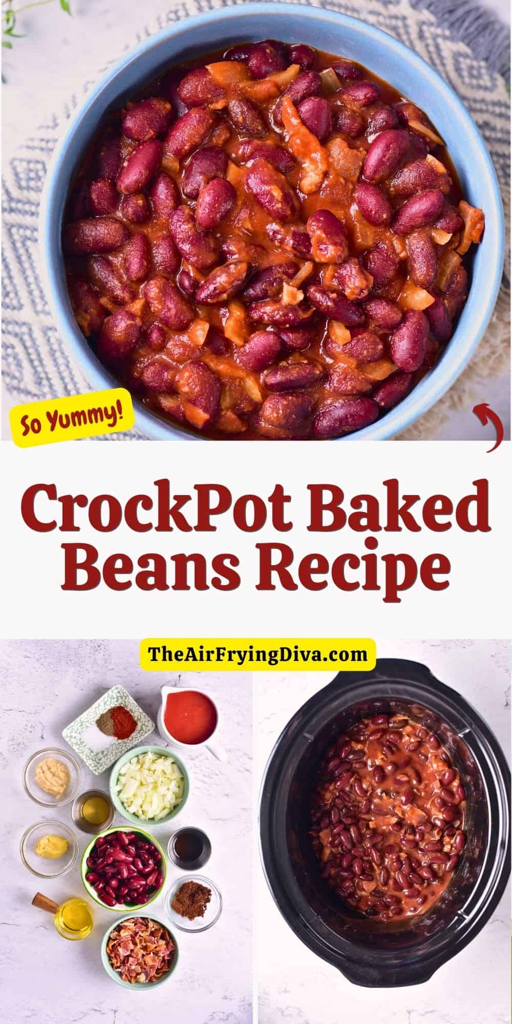 CrockPot Baked Beans Recipe, a simple recipe for beans cooked in a slow cooker to perfection in a Savory, Sweet and and rich sauce.