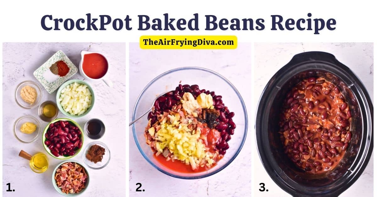 CrockPot Baked Beans Recipe, a simple recipe for beans cooked in a slow cooker to perfection in a Savory, Sweet and and rich sauce.