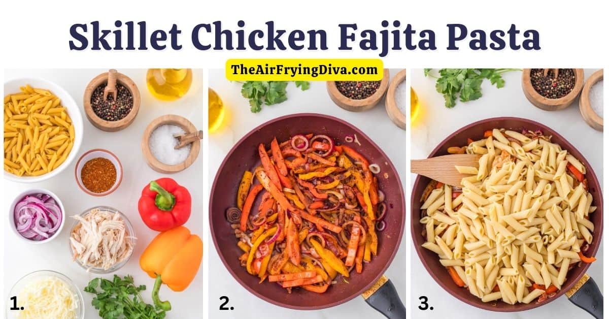Skillet Chicken Fajita Pasta, a simple and flavorful dish made in one pan in less than a half hour using leftover or rotisserie chicken.