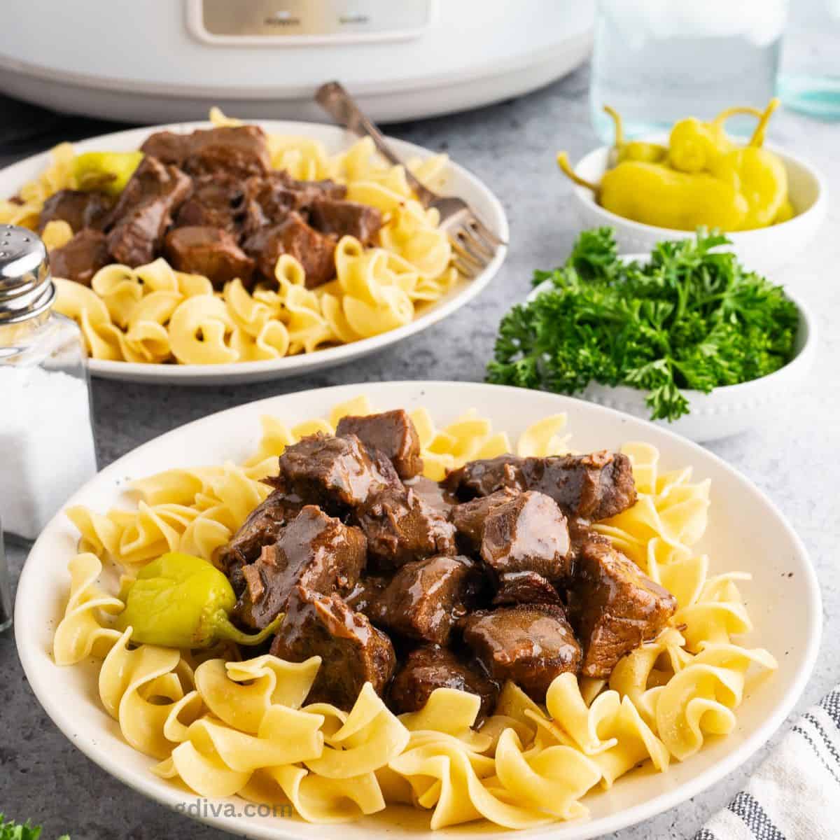 CrockPot Mississippi Steak Bites,a delicious and easy dinner recipe made with pepperoncini peppers and ranch seasoning. 