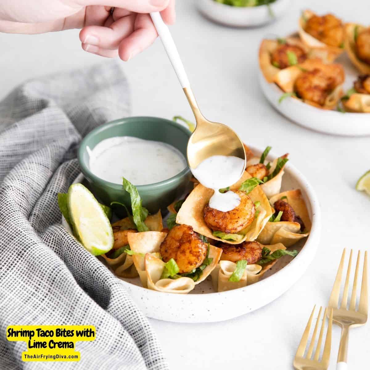 Shrimp Taco Bites with Lime Crema, a delicious appetizer recipe made in about 20 minutes and served in a creamy lime flavored dip.