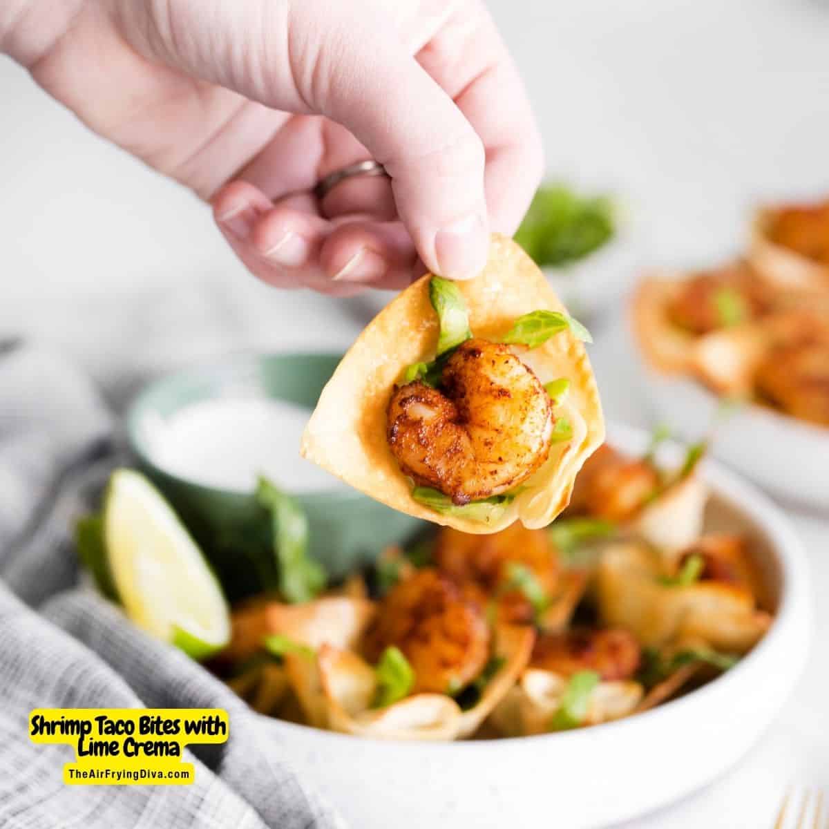 Shrimp Taco Bites with Lime Crema, a delicious appetizer recipe made in about 20 minutes and served in a creamy lime flavored dip.