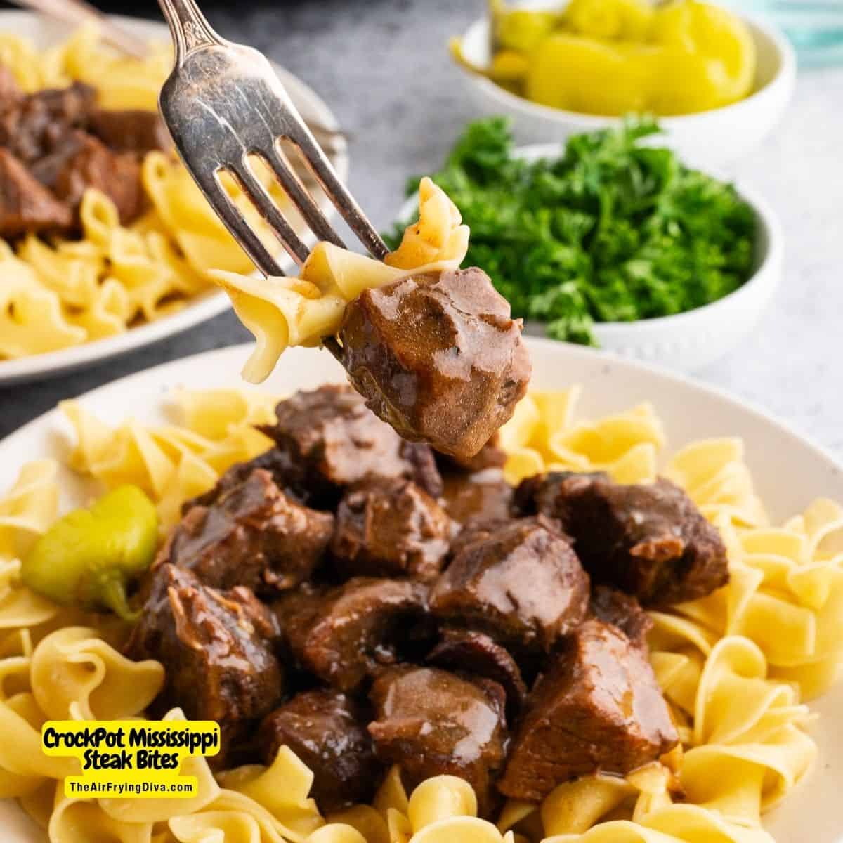 CrockPot Mississippi Steak Bites,a delicious and easy dinner recipe made with pepperoncini peppers and ranch seasoning. 