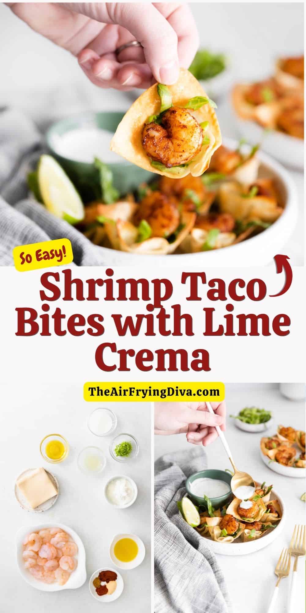 Shrimp Taco Bites with Lime Crema, a delicious appetizer recipe made in about 20 minutes and served in a creamy lime flavored dip.