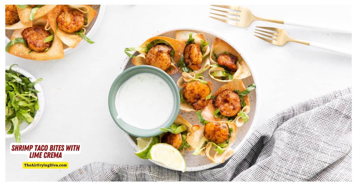 Shrimp Taco Bites with Lime Crema, a delicious appetizer recipe made in about 20 minutes and served in a creamy lime flavored dip.