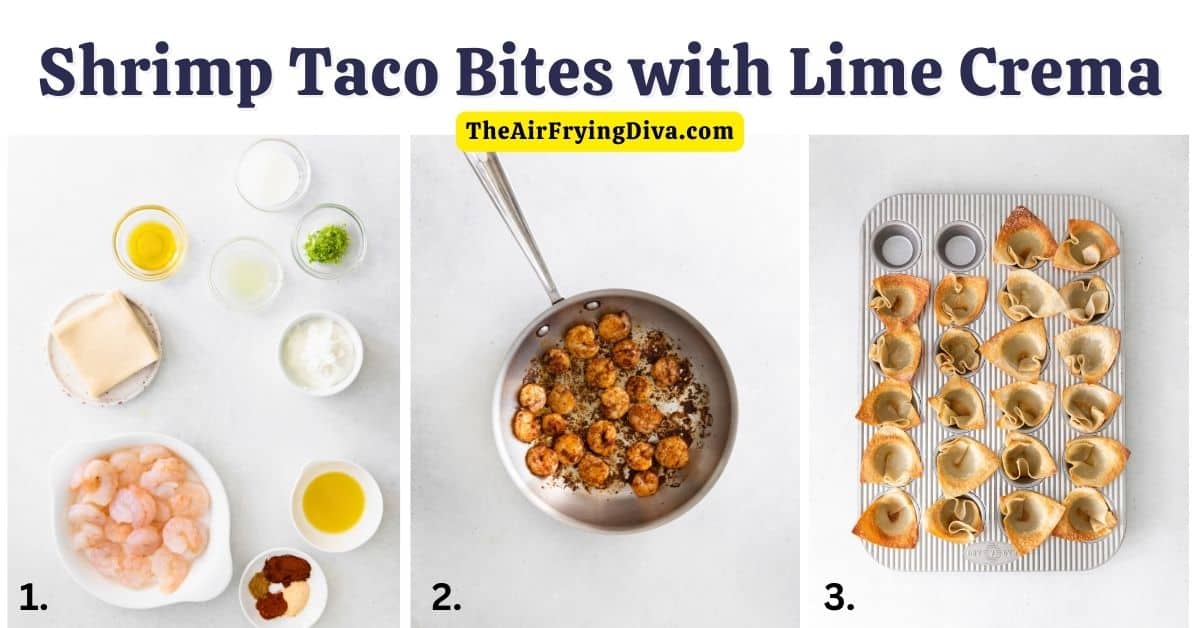 Shrimp Taco Bites with Lime Crema, a delicious appetizer recipe made in about 20 minutes and served in a creamy lime flavored dip.