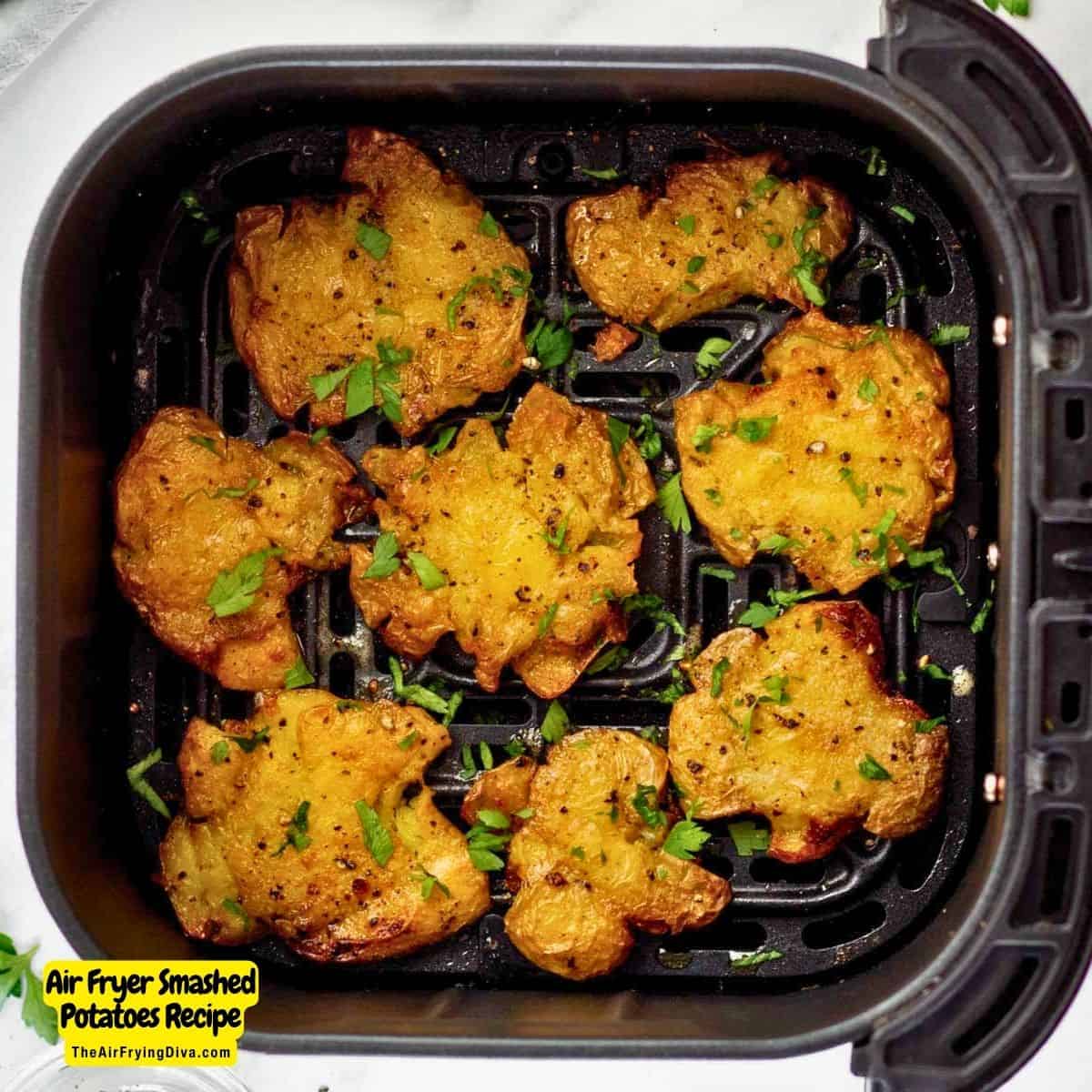 Air Fryer Smashed Potatoes Recipe, a tasty side dish or appetizer featuring soft and fluffy potatoes with a crispy outside.