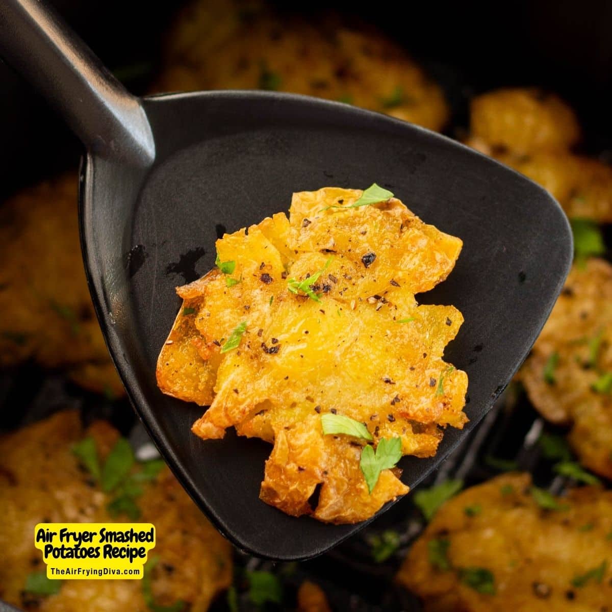 Air Fryer Smashed Potatoes Recipe, a tasty side dish or appetizer featuring soft and fluffy potatoes with a crispy outside.