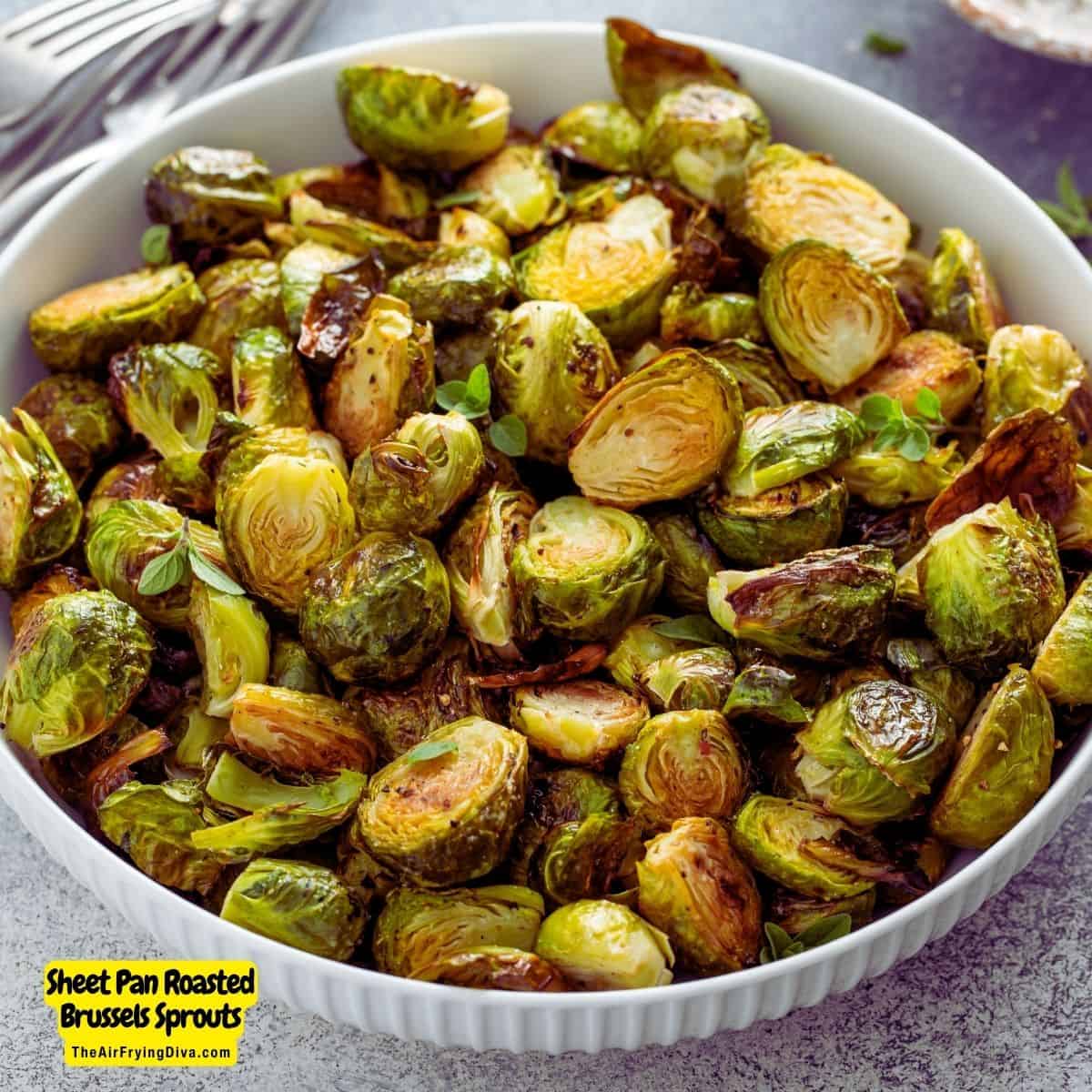 Sheet Pan Roasted Brussels Sprouts, a simple and delicious side dish recipe featuring crispy sprouts with caramelized edges.