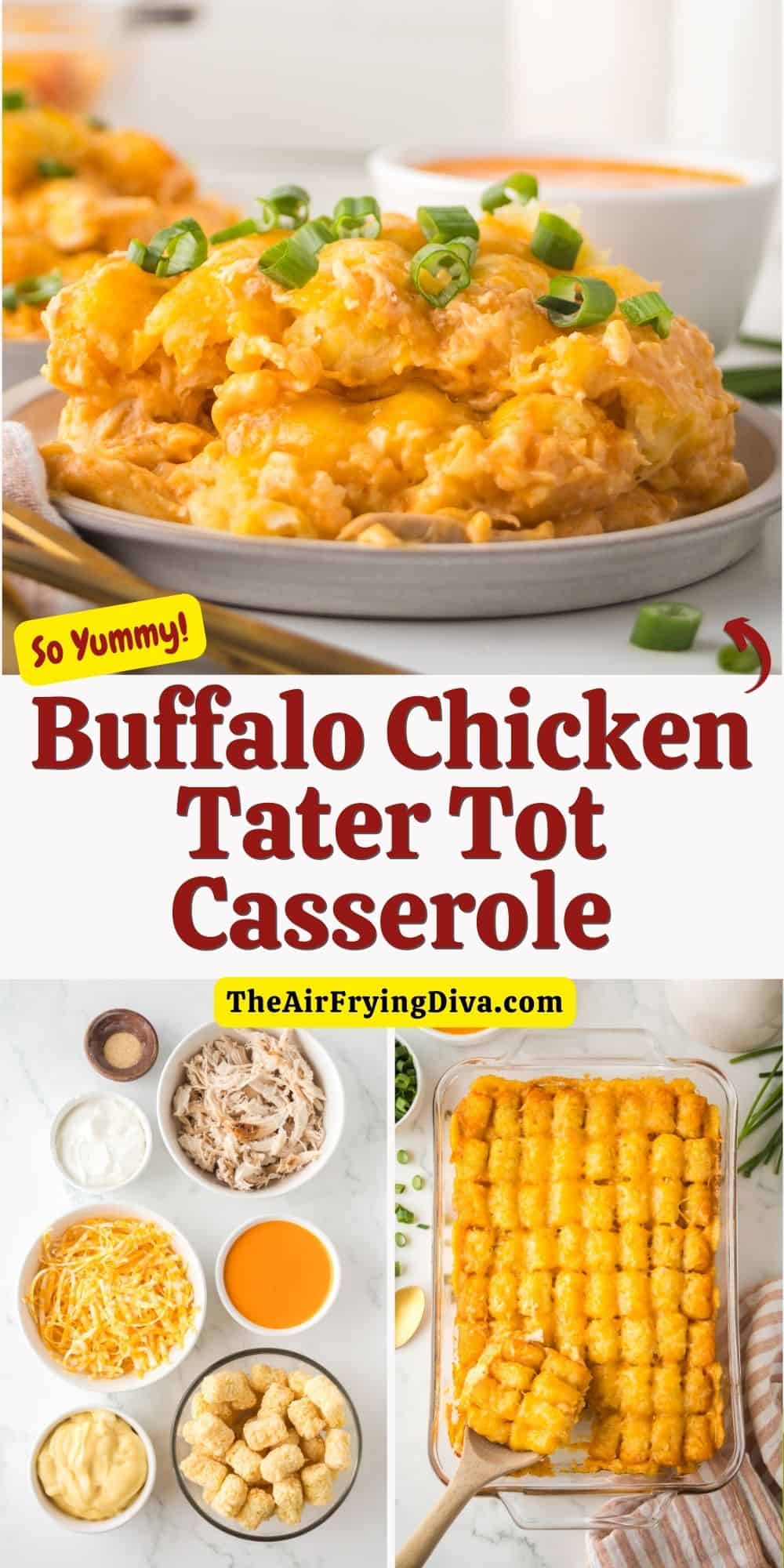 Buffalo Chicken Tater Tot Casserole, a simple recipe made with rotisserie chicken in a creamy and cheesy buffalo sauce topped with tots.