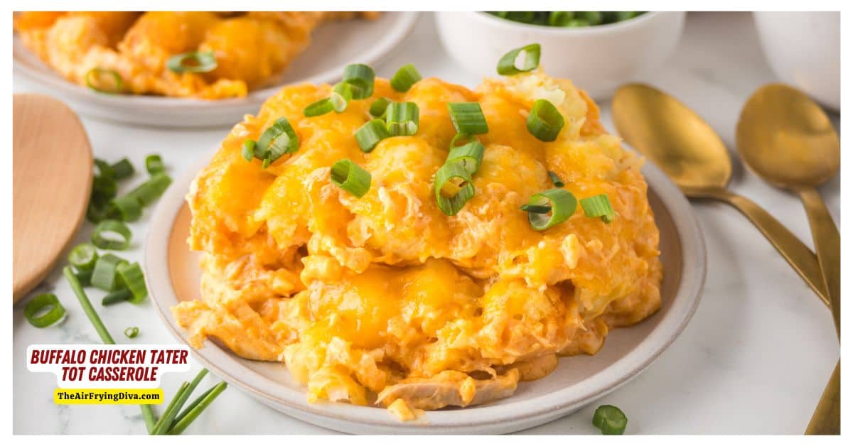 Buffalo Chicken Tater Tot Casserole, a simple recipe made with rotisserie chicken in a creamy and cheesy buffalo sauce topped with tots. Buffalo Chicken Tater Tot Casserole, a simple recipe made with rotisserie chicken in a creamy and cheesy buffalo sauce topped with tots.