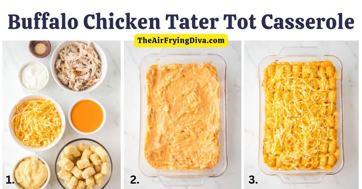 Buffalo Chicken Tater Tot Casserole, a simple recipe made with rotisserie chicken in a creamy and cheesy buffalo sauce topped with tots.
