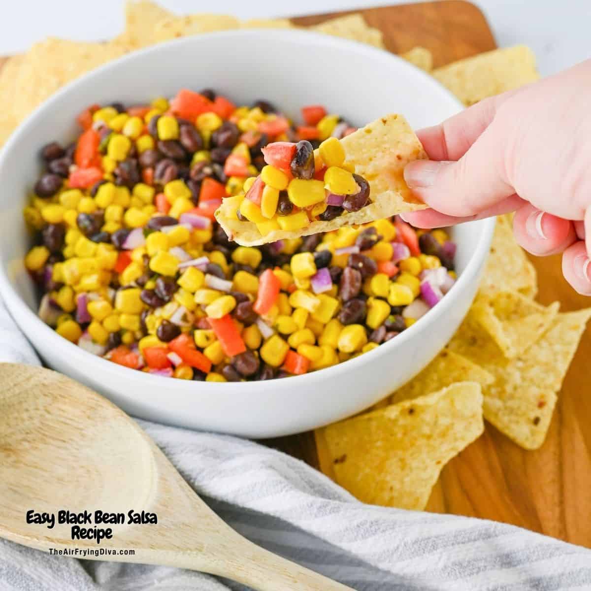 Easy Black Bean Salsa Recipe, a simple side dish recipe or appetizer dip made with corn and tomatoes in about 10 minutes.