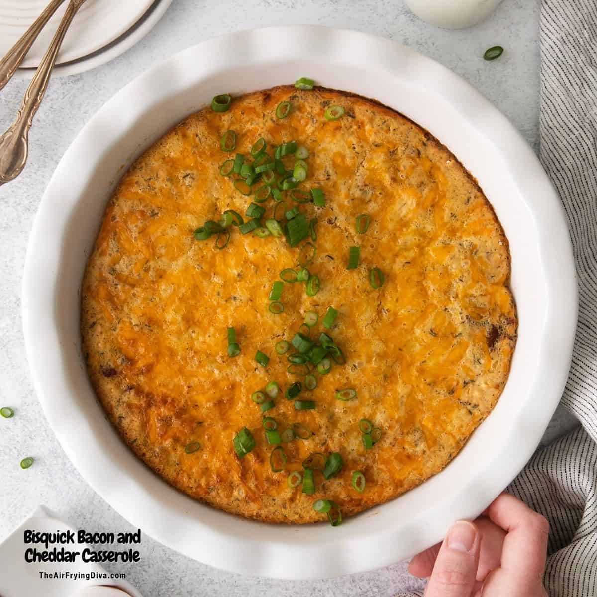 Bisquick Bacon and Cheddar Casserole, a quick and easy breakfast or brunch recipe made with baking mix, bacon, eggs, and cheese.