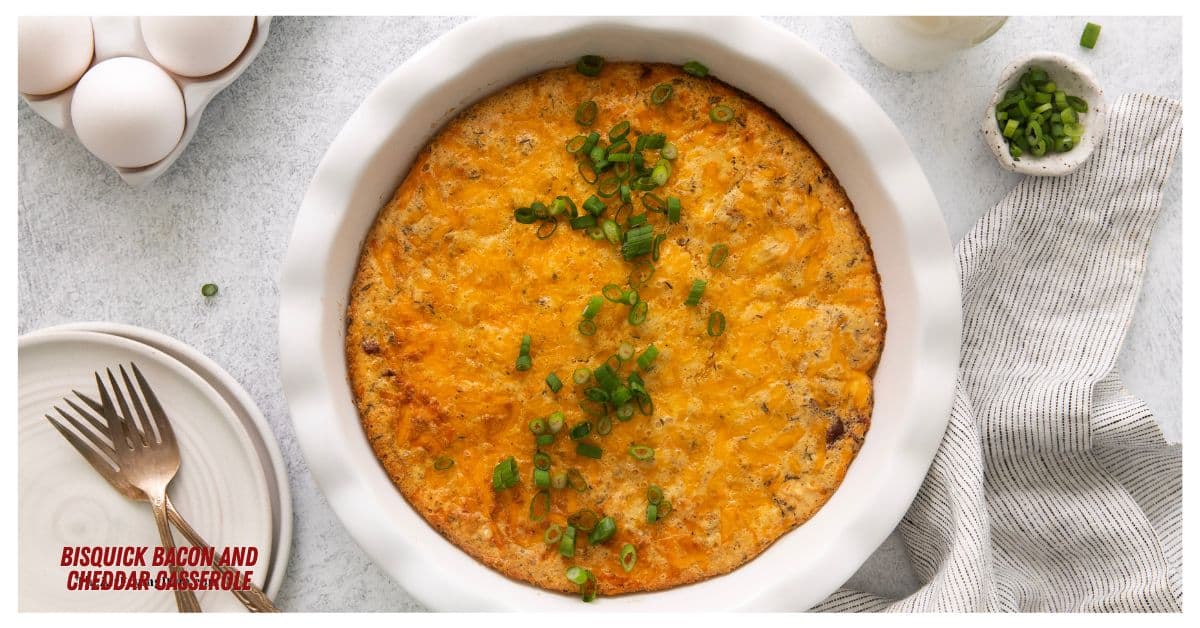 Bisquick Bacon and Cheddar Casserole, a quick and easy breakfast or brunch recipe made with baking mix, bacon, eggs, and cheese.