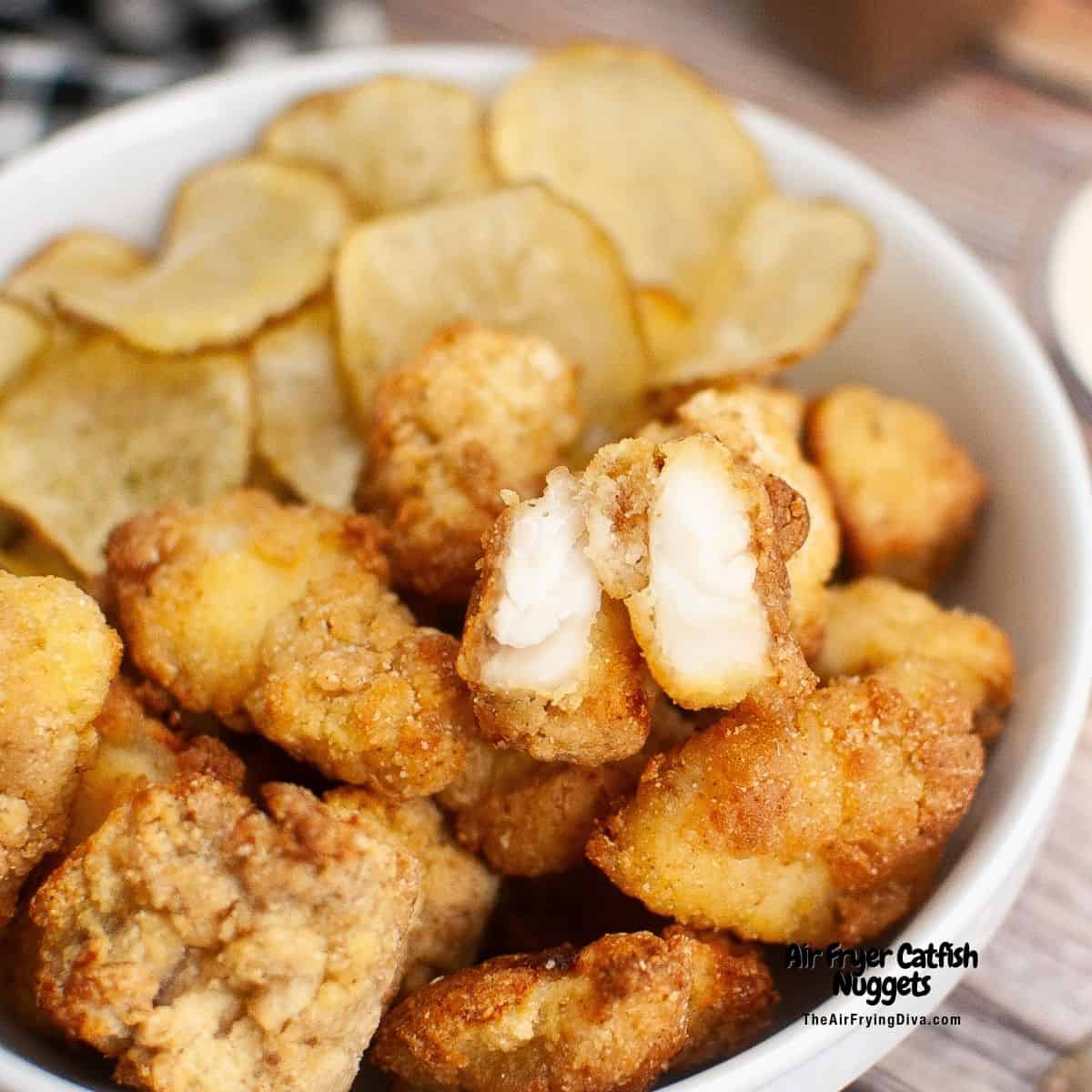 Air Fryer Catfish Nuggets, a simple and delicious recipe for lightly breaded fillet bites air fried to perfection in about 10 minutes.