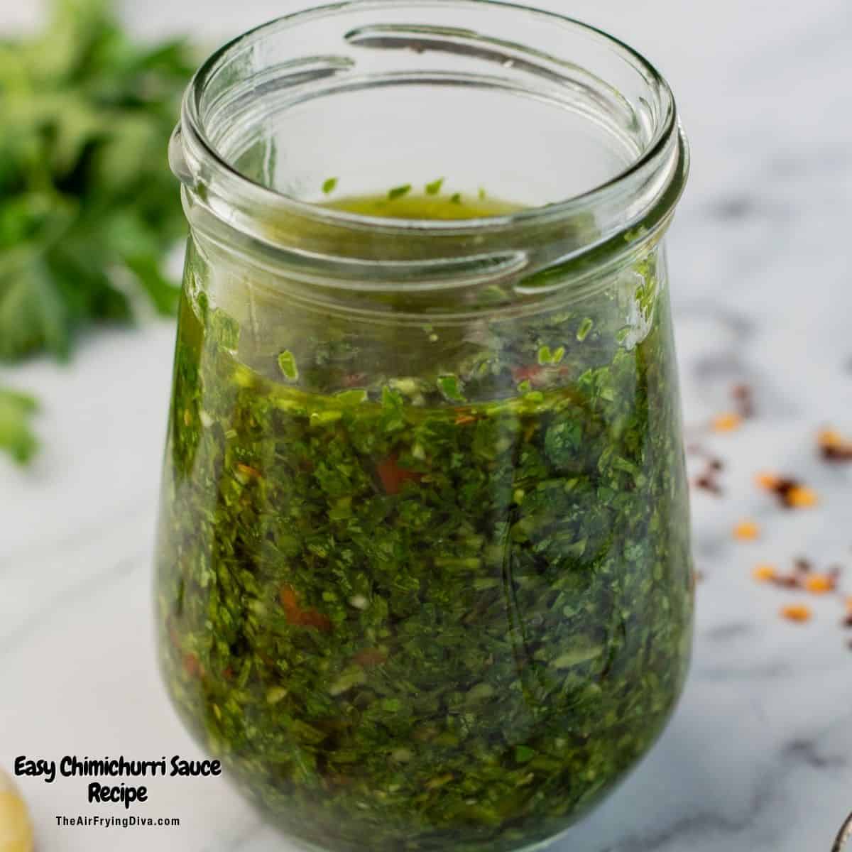 Easy Chimichurri Sauce Recipe, a simple 10 minute condiment or sauce recipe made with fresh ingredients in a garlicky vinaigrette.