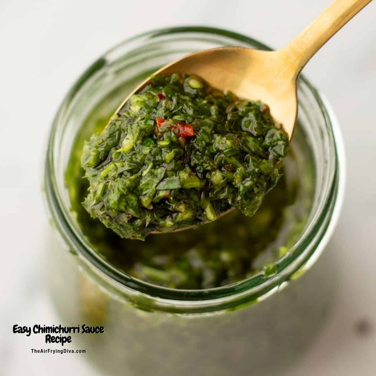 Easy Chimichurri Sauce Recipe, a simple 10 minute condiment or sauce recipe made with fresh ingredients in a garlicky vinaigrette.