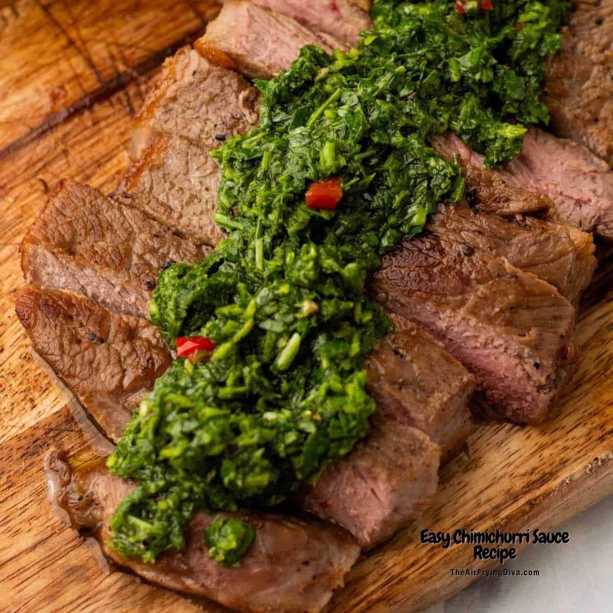 Easy Chimichurri Sauce Recipe, a simple 10 minute condiment or sauce recipe made with fresh ingredients in a garlicky vinaigrette.