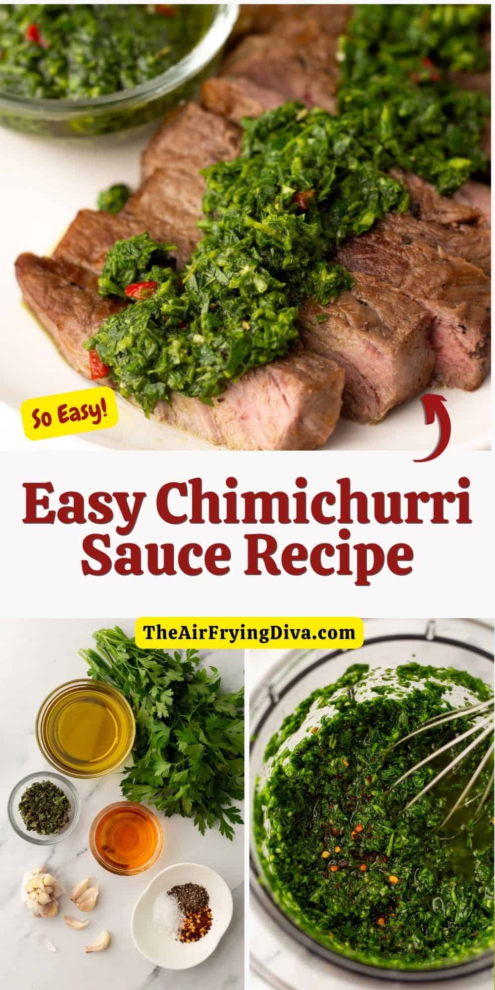 Easy Chimichurri Sauce Recipe, a simple 10 minute condiment or sauce recipe made with fresh ingredients in a garlicky vinaigrette.