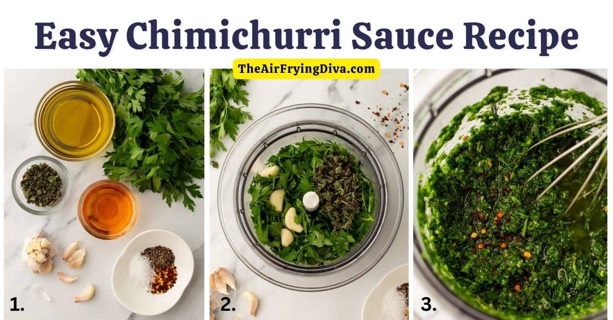 Easy Chimichurri Sauce Recipe, a simple 10 minute condiment or sauce recipe made with fresh ingredients in a garlicky vinaigrette.
