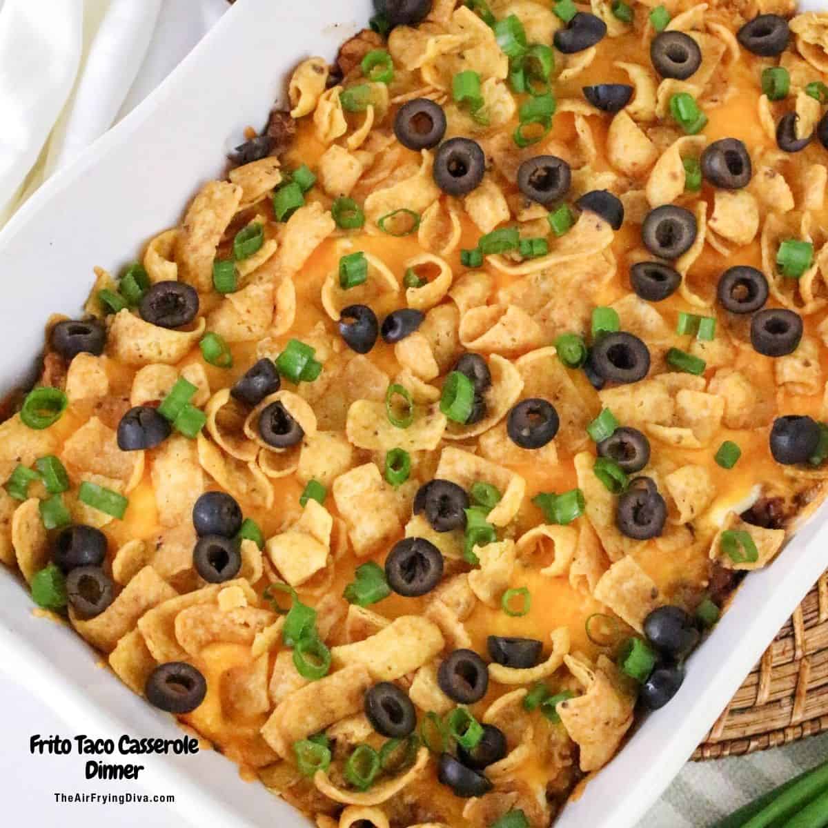 Frito Taco Casserole Dinner, an easy recipe for a layered meal featuring taco meat and corn chips with delicious toppings.