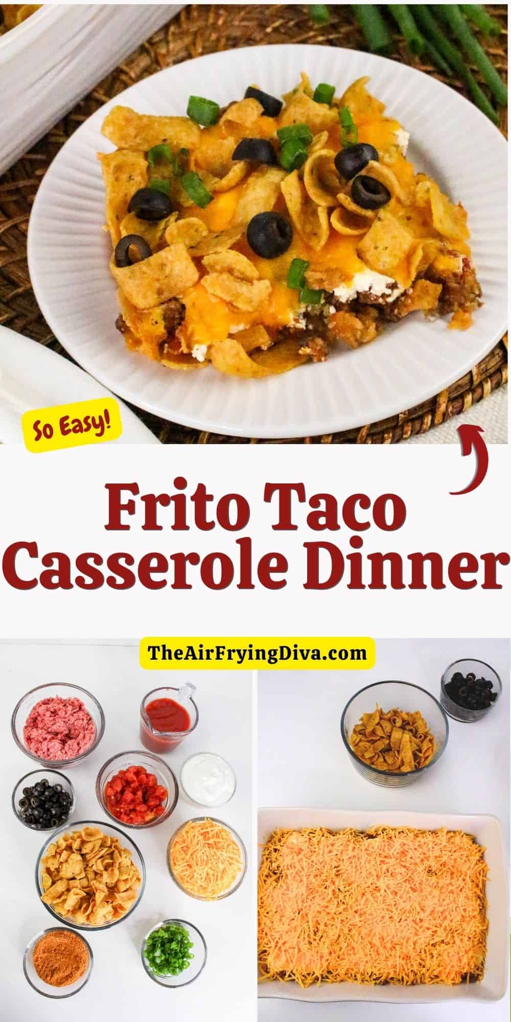 Frito Taco Casserole Dinner, an easy recipe for a layered meal featuring taco meat and corn chips with delicious toppings.