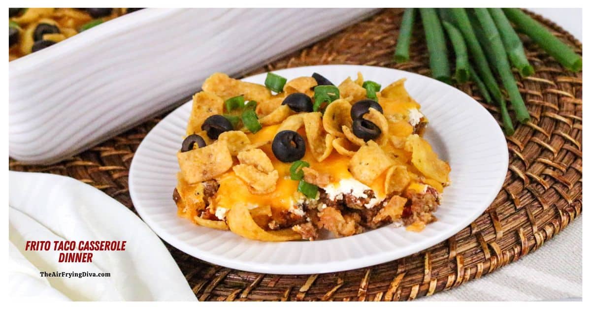 Frito Taco Casserole Dinner, an easy recipe for a layered meal featuring taco meat and corn chips with delicious toppings.