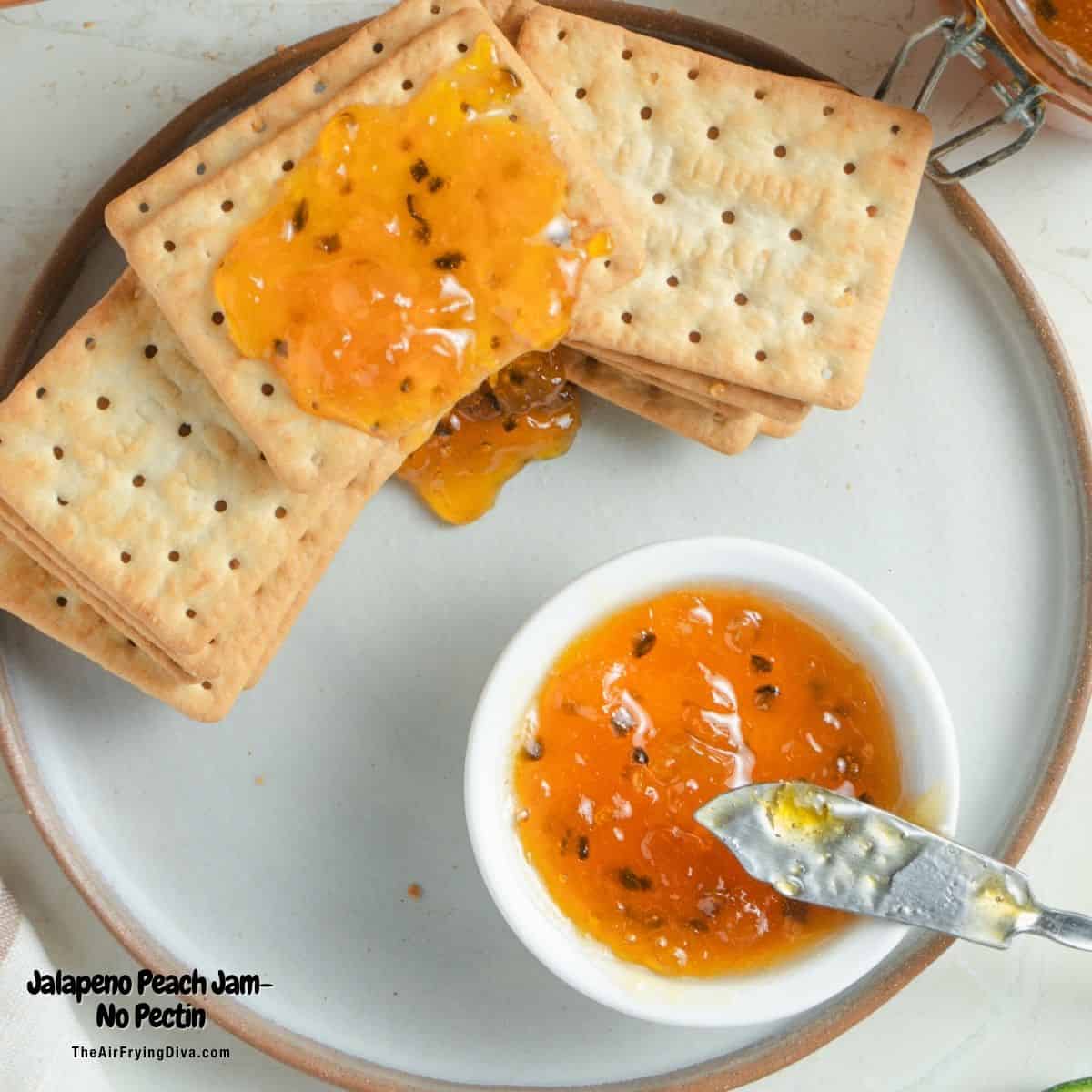 Jalapeno Peach Jam- No Pectin, a simple condiment recipe for of sweet, tangy, and spicy jam made with fresh peaches and peppers .