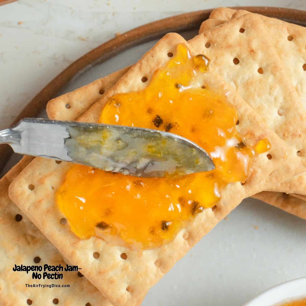 Jalapeno Peach Jam- No Pectin, a simple condiment recipe for of sweet, tangy, and spicy jam made with fresh peaches and peppers .
