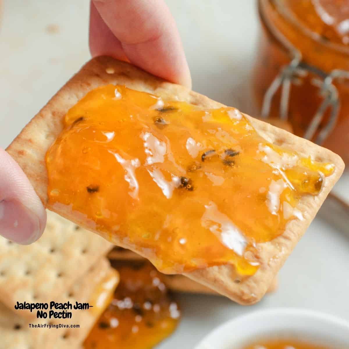 Jalapeno Peach Jam- No Pectin, a simple condiment recipe for of sweet, tangy, and spicy jam made with fresh peaches and peppers .