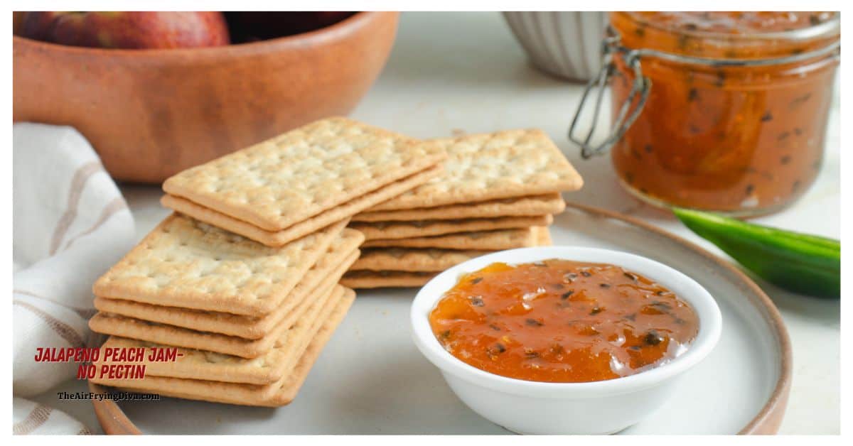 Jalapeno Peach Jam- No Pectin, a simple condiment recipe for of sweet, tangy, and spicy jam made with fresh peaches and peppers . Jalapeno Peach Jam- No Pectin, a simple condiment recipe for of sweet, tangy, and spicy jam made with fresh peaches and peppers .