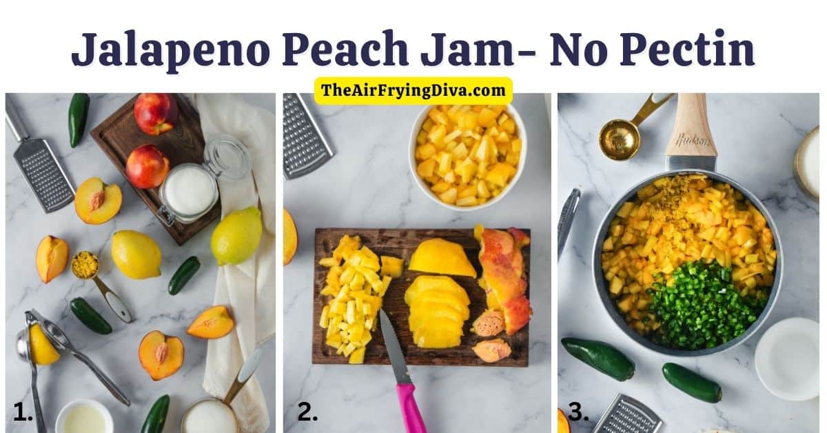 Jalapeno Peach Jam- No Pectin, a simple condiment recipe for of sweet, tangy, and spicy jam made with fresh peaches and peppers .