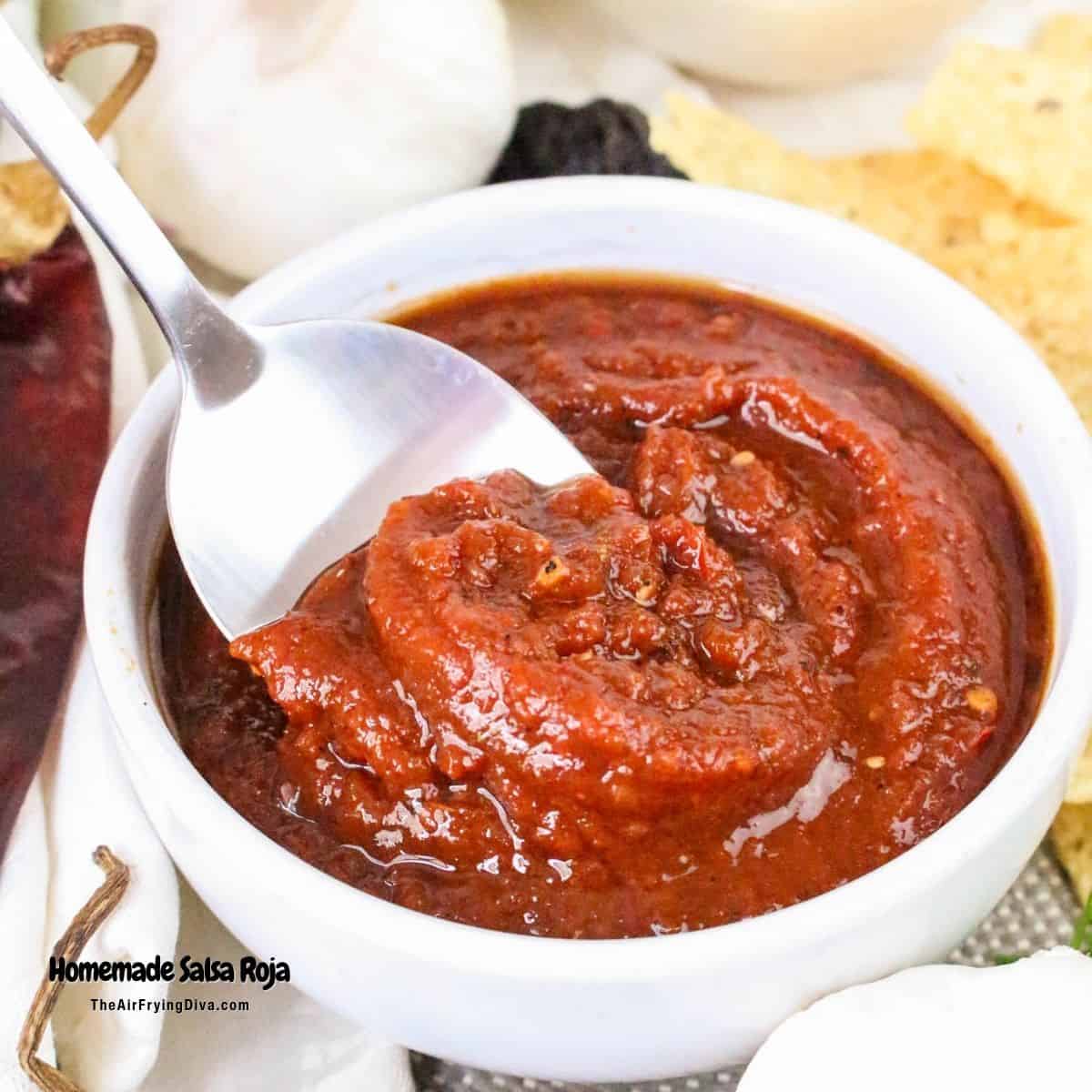 This Homemade Salsa Roja Recipe is a simple appetizer or condiment made with fresh ingredients in about 15 minutes.