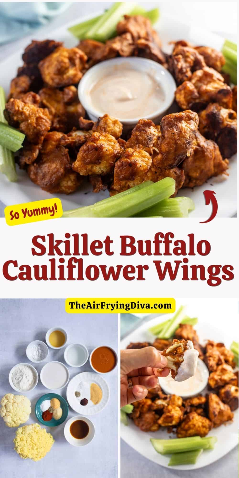 Skillet Buffalo Cauliflower Wings, lightly breaded cauliflower perfectly cooked crisp in a cast iron skillet and coated in buffalo sauce.