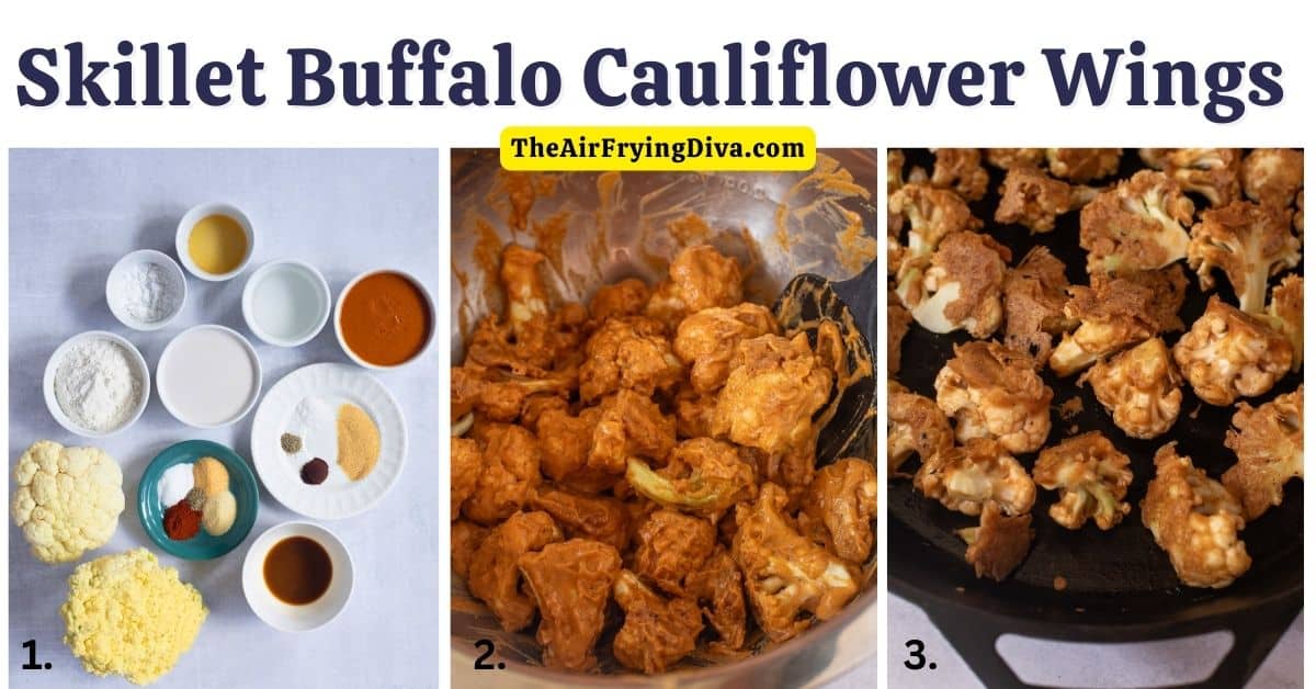 Skillet Buffalo Cauliflower Wings, lightly breaded cauliflower perfectly cooked crisp in a cast iron skillet and coated in buffalo sauce.