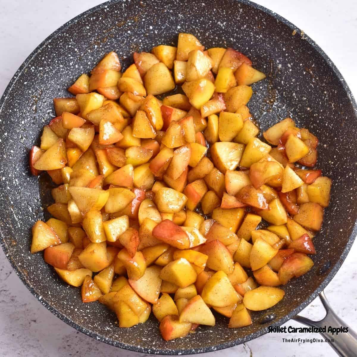 Skillet Caramelized Apples Recipe,  a simple and delicious recipe for  versatile tender sweetened cinnamon apples bites.