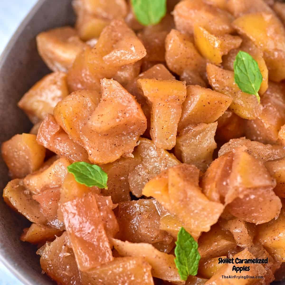 Skillet Caramelized Apples Recipe,  a simple and delicious recipe for  versatile tender sweetened cinnamon apples bites.