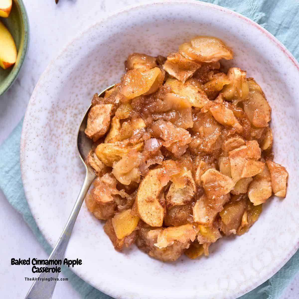 Baked Cinnamon Apple Casserole, a simple and delicious dessert recipe made with fresh apples that tastes like (crustless) apple pie.