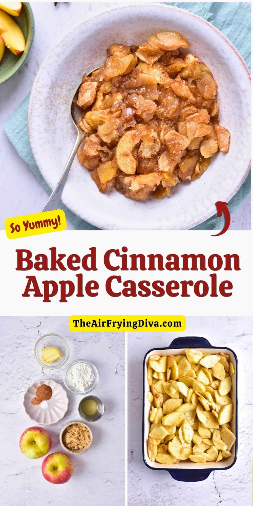 Baked Cinnamon Apple Casserole, a simple and delicious dessert recipe made with fresh apples that tastes like (crustless) apple pie.