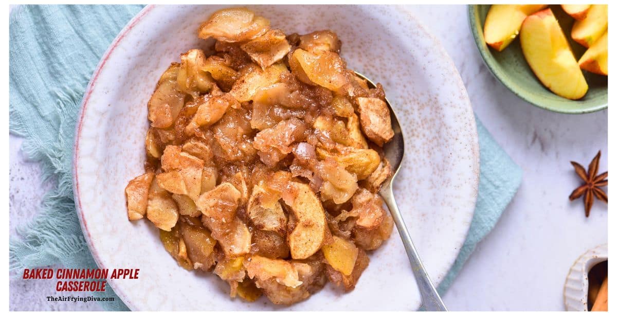 Baked Cinnamon Apple Casserole, a simple and delicious dessert recipe made with fresh apples that tastes like (crustless) apple pie.