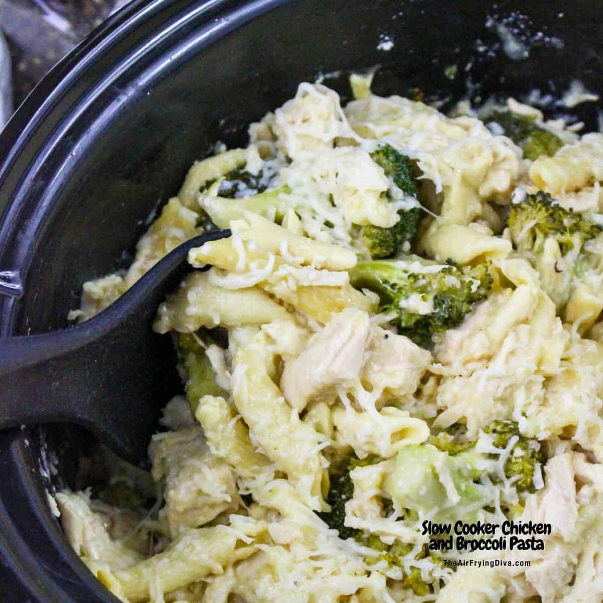 Slow Cooker Chicken and Broccoli Pasta, a simple and delicious crockpot recipe featuring a creamy and cheesy sauce.