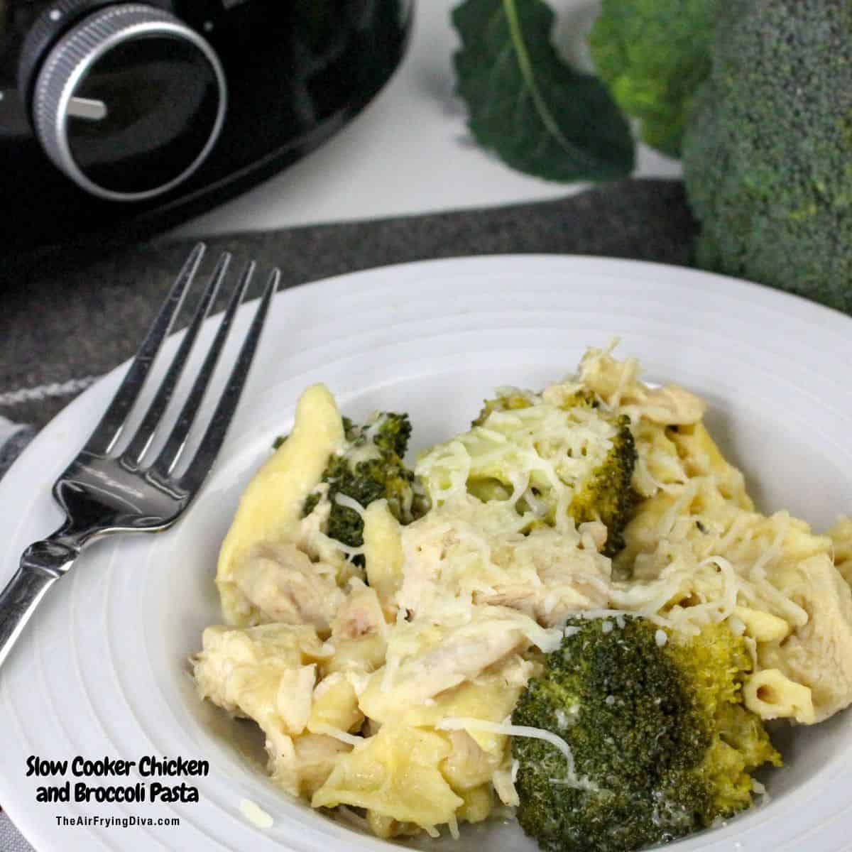 Slow Cooker Chicken and Broccoli Pasta, a simple and delicious crockpot recipe featuring a creamy and cheesy sauce.