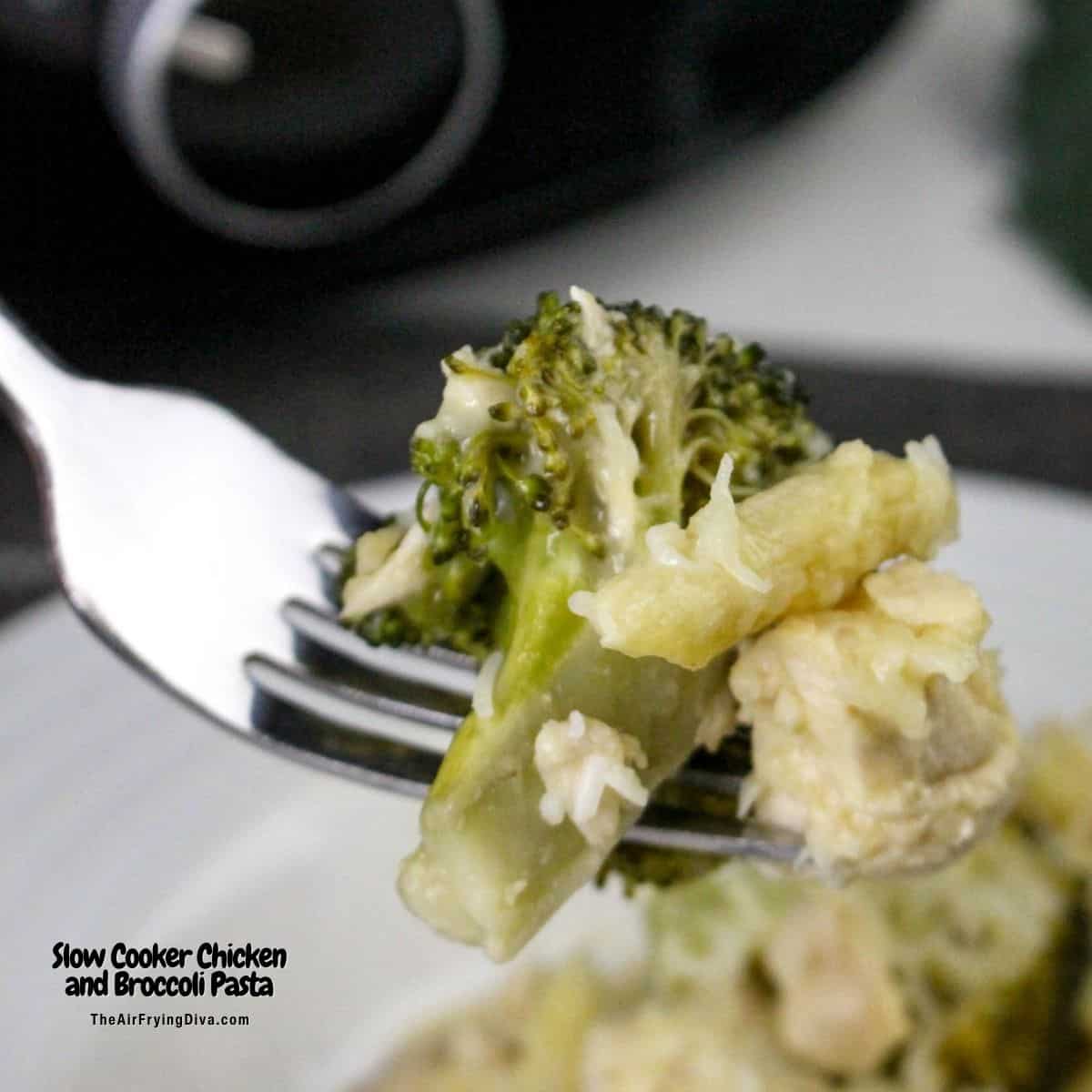 Slow Cooker Chicken and Broccoli Pasta, a simple and delicious crockpot recipe featuring a creamy and cheesy sauce.