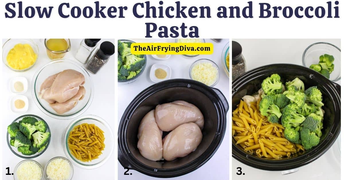 Slow Cooker Chicken and Broccoli Pasta, a simple and delicious crockpot recipe featuring a creamy and cheesy sauce.