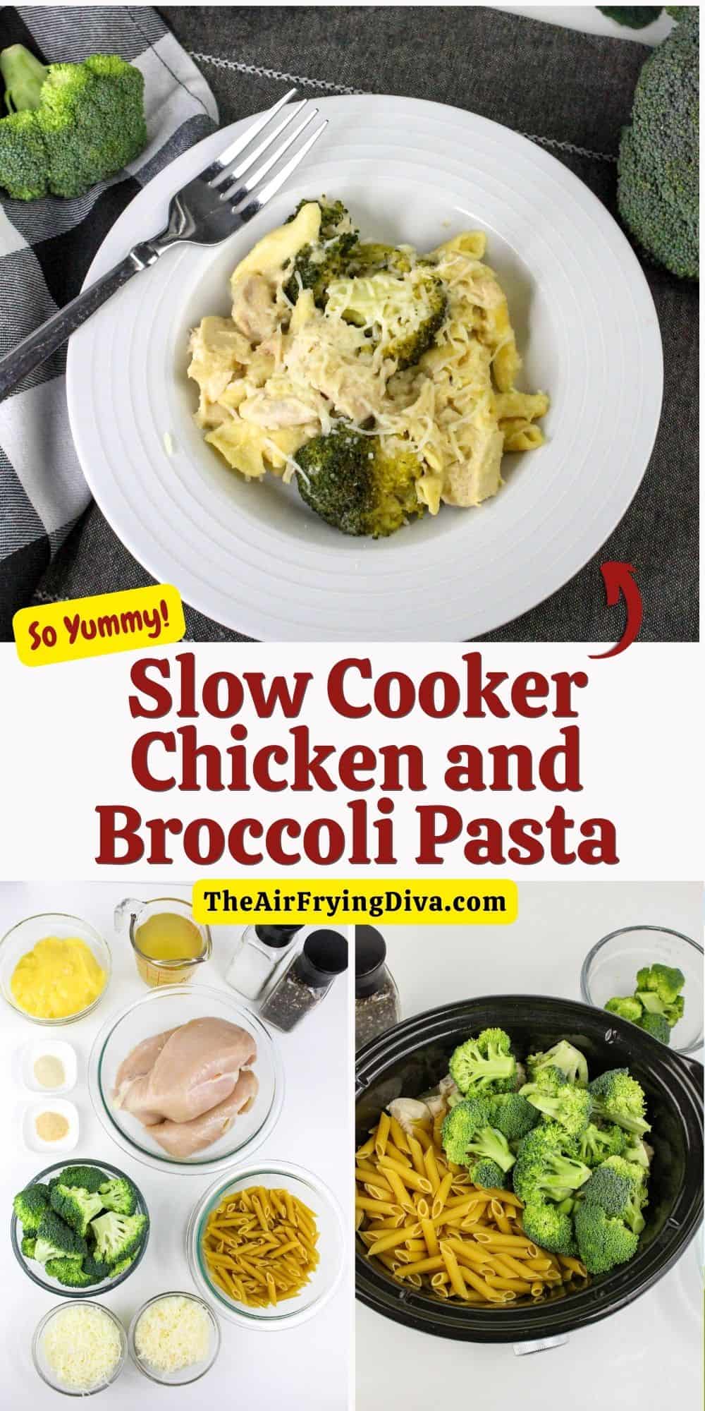 Slow Cooker Chicken and Broccoli Pasta, a simple and delicious crockpot recipe featuring a creamy and cheesy sauce.