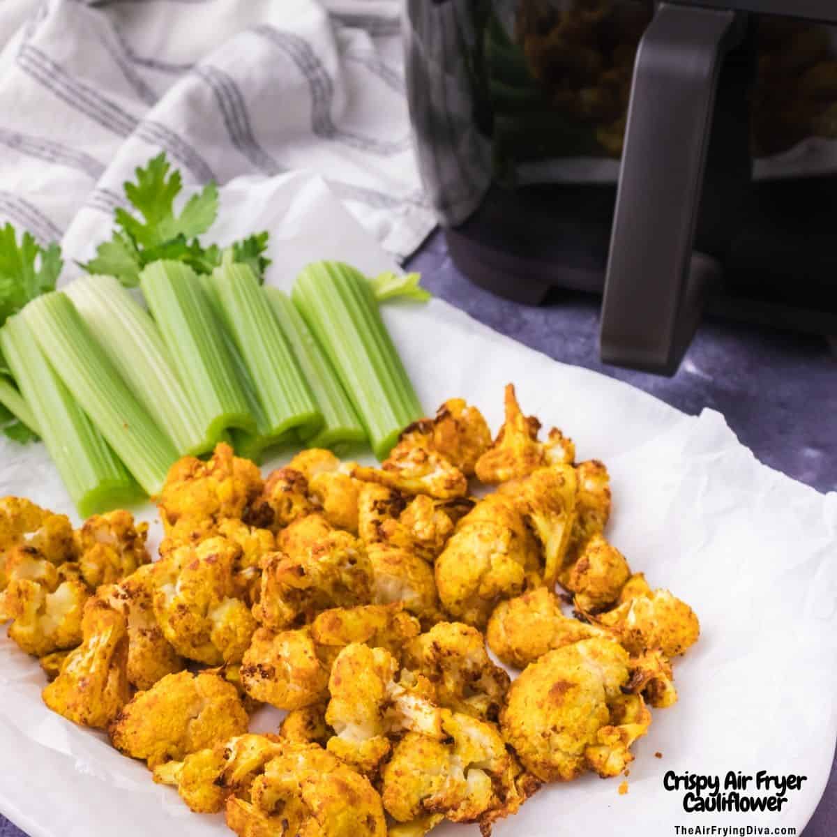 Crispy Air Fryer Cauliflower, a quick and simple healthy appetizer or side made with seasoned cauliflower air fried to perfection. Vegan.