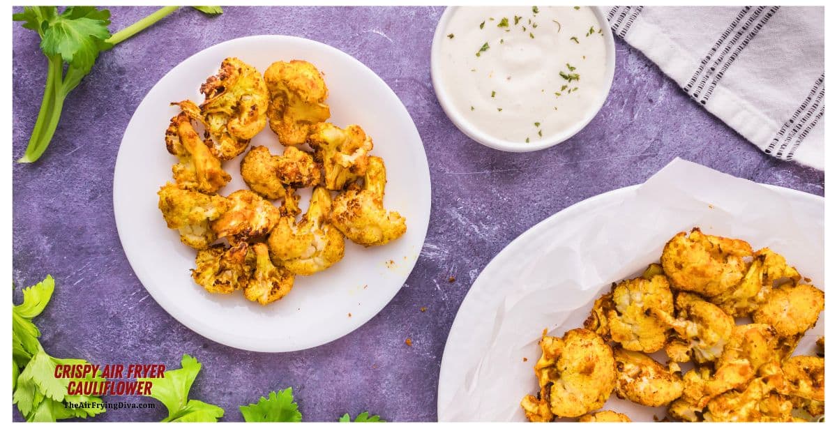 Crispy Air Fryer Cauliflower, a quick and simple healthy appetizer or side made with seasoned cauliflower air fried to perfection. Vegan.