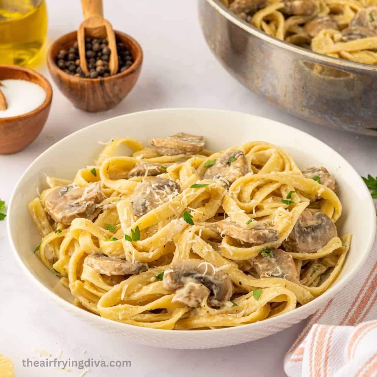 Skillet Creamy Mushroom Pasta, a simple one pan meal featuring pasta and sautéed mushrooms made in about a half hour.