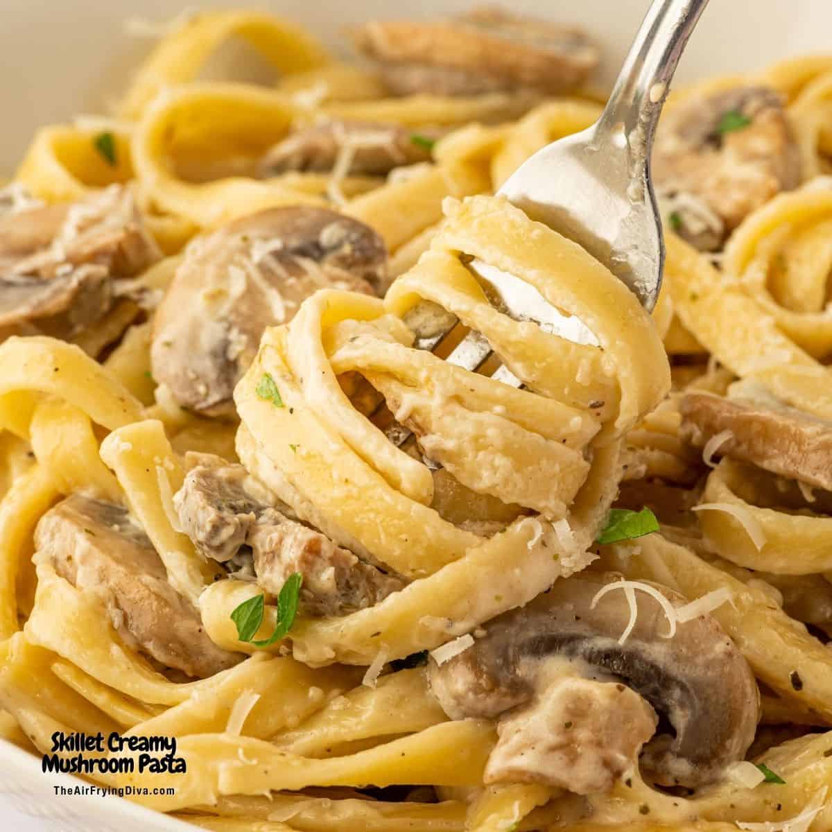 Skillet Creamy Mushroom Pasta, a simple one pan meal featuring pasta and sautéed mushrooms made in about a half hour.
